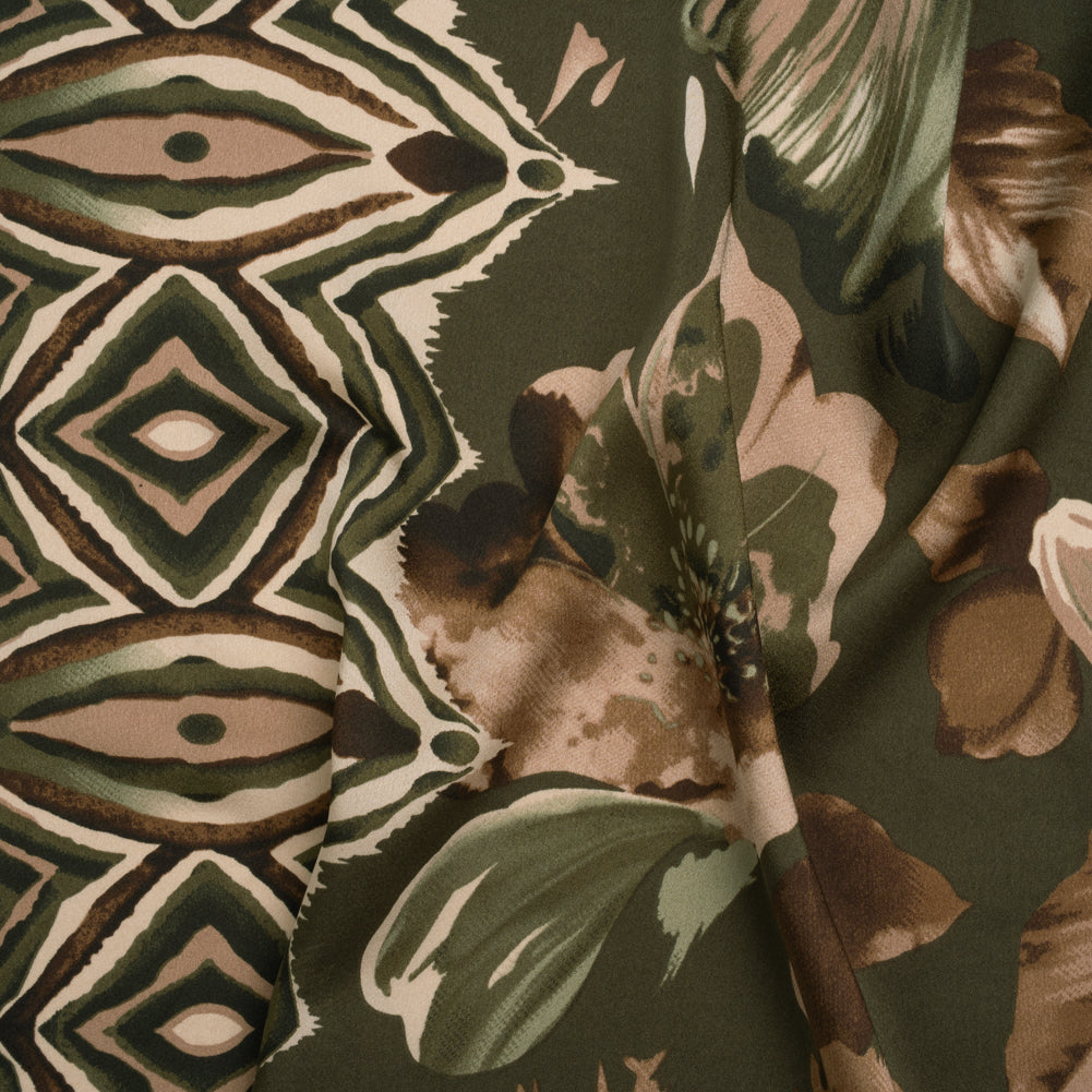 Polyester Charmeuse Print - Dark Olive, Brown and Beige Floral with Abstract Borders - Designer Deadstock