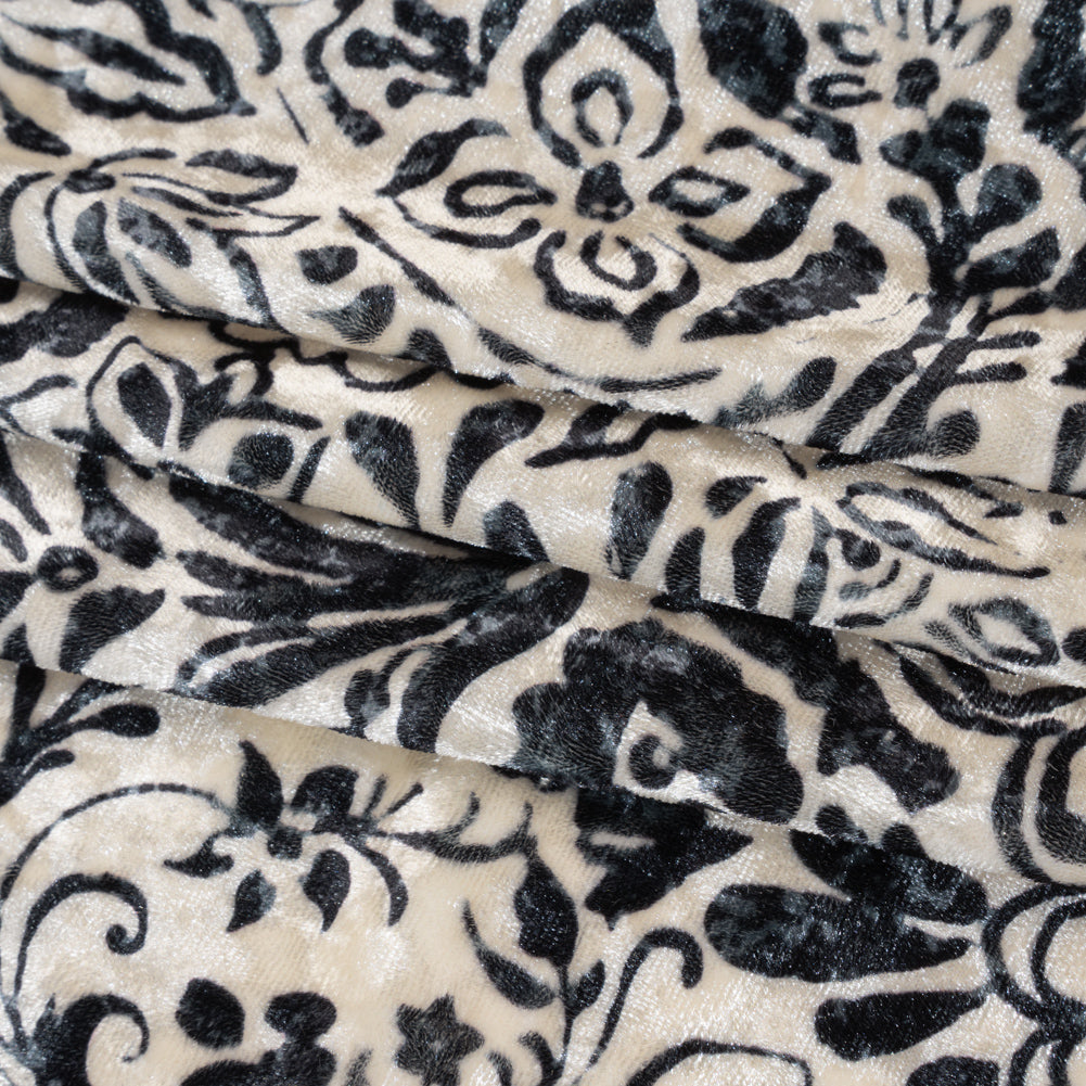 Stretch Polyester Velour Print - Ivory and Black Paisley Floral - Designer Deadstock - Folded