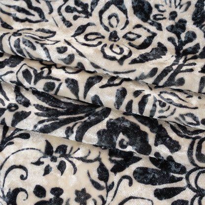 Stretch Polyester Velour Print - Ivory and Black Paisley Floral - Designer Deadstock