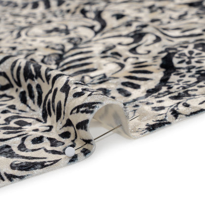 Stretch Polyester Velour Print - Ivory and Black Paisley Floral - Designer Deadstock
