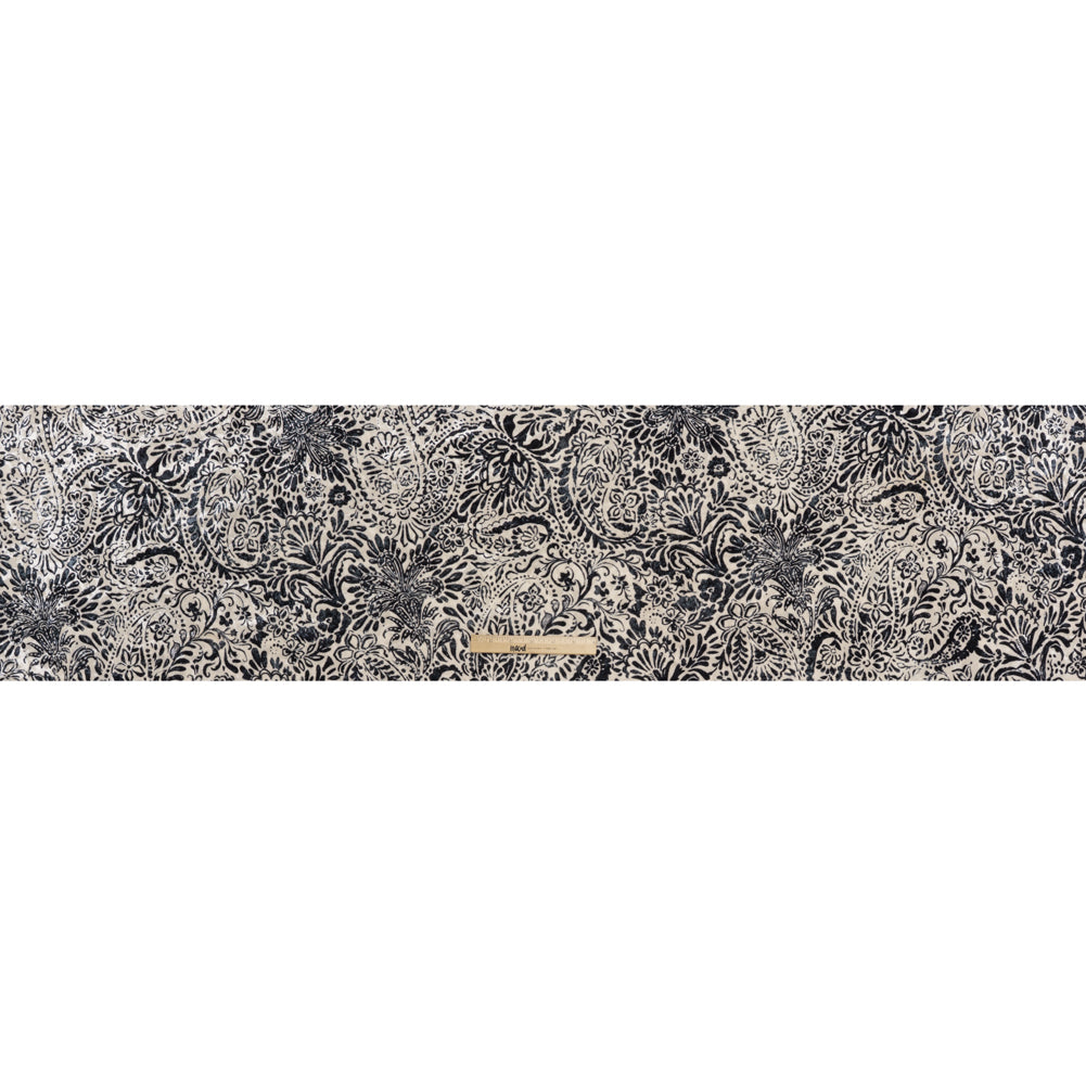 Stretch Polyester Velour Print - Ivory and Black Paisley Floral - Designer Deadstock - Full