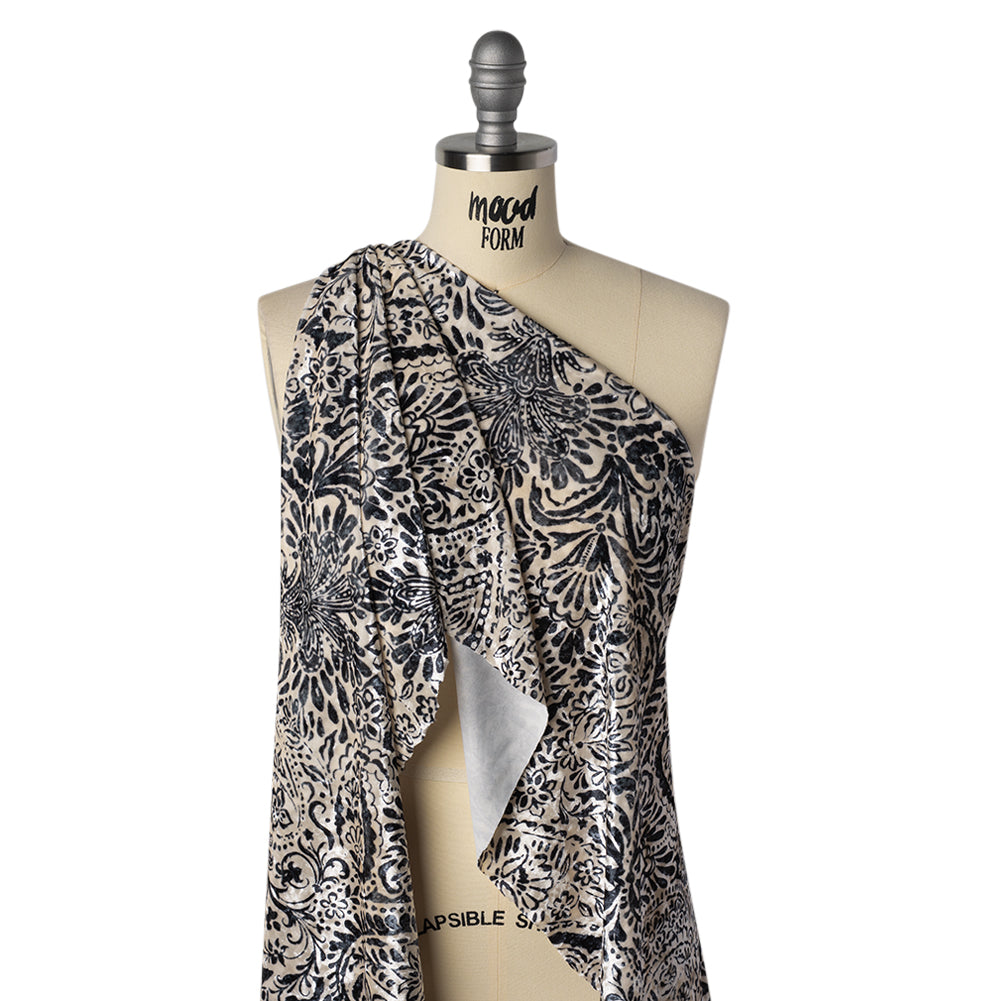 Stretch Polyester Velour Print - Ivory and Black Paisley Floral - Designer Deadstock - Drape
