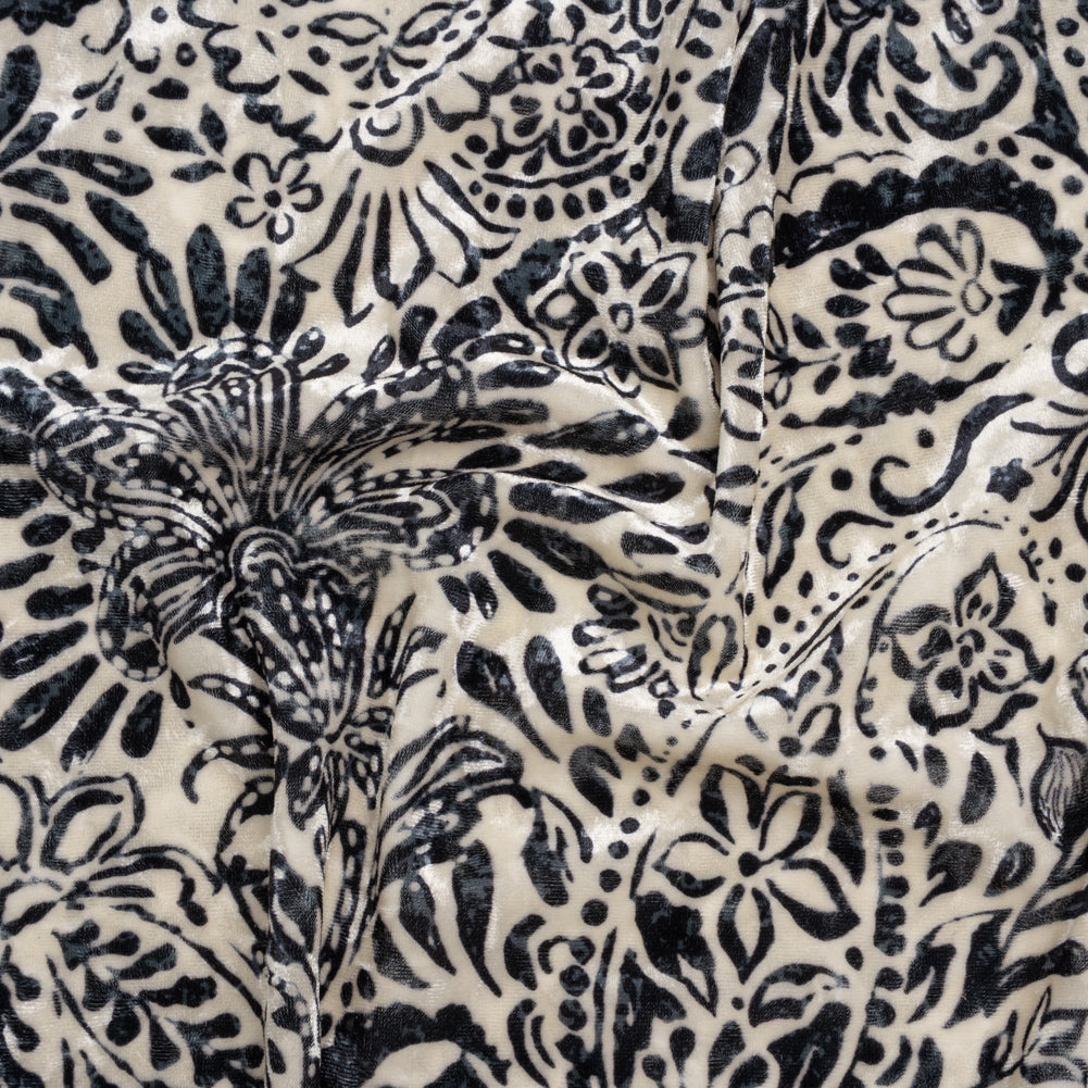 Stretch Polyester Velour Print - Ivory and Black Paisley Floral - Designer Deadstock