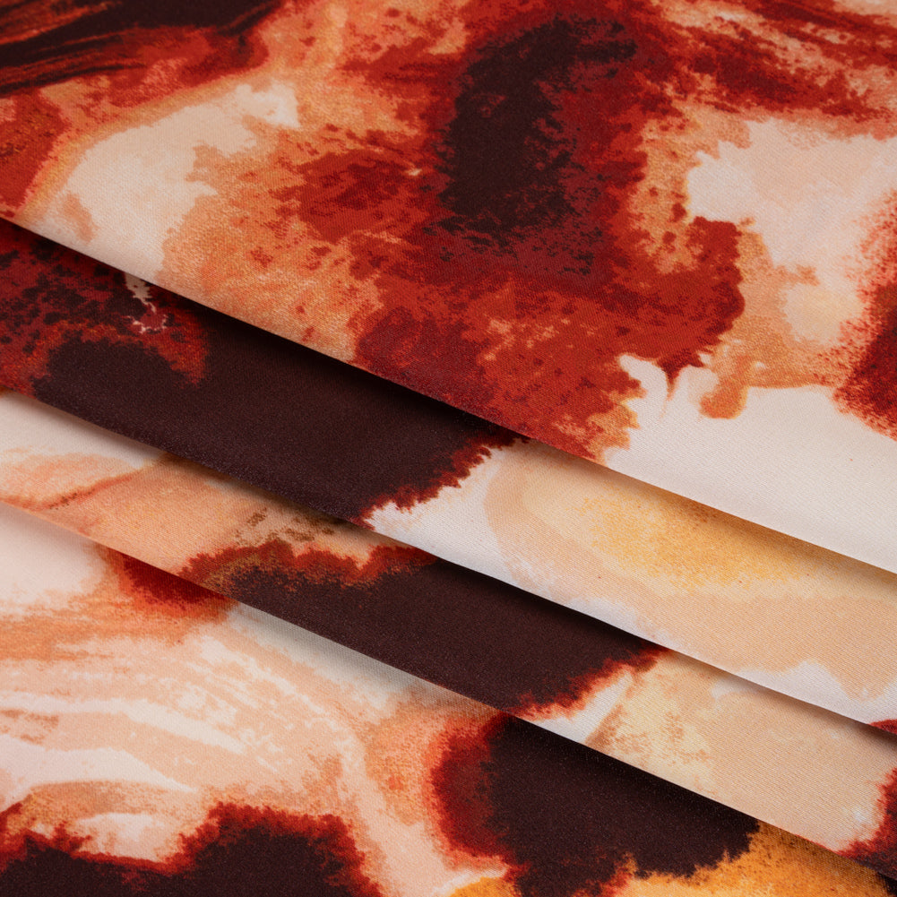 Stretch Polyester Charmeuse Print - Beige, Peach and Burgundy Abstract - Designer Deadstock - Folded