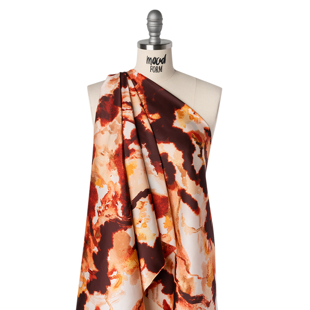 Stretch Polyester Charmeuse Print - Beige, Peach and Burgundy Abstract - Designer Deadstock - Drape
