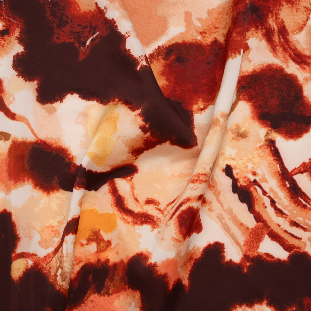 Stretch Polyester Charmeuse Print - Beige, Peach and Burgundy Abstract - Designer Deadstock