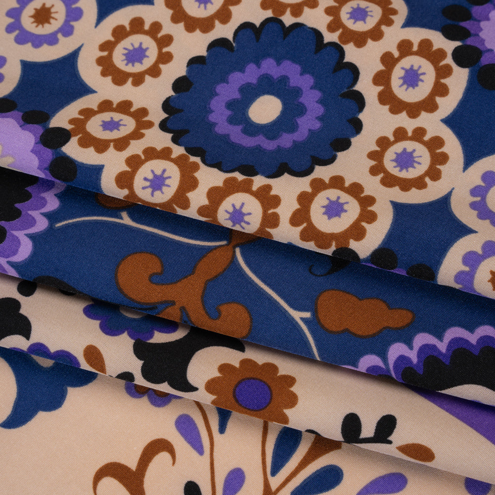 Stretch Polyester Crepe de Chine Print - Dark Blue, Purple and Brown Flower Medallions and Stripes - Designer Deadstock - Folded