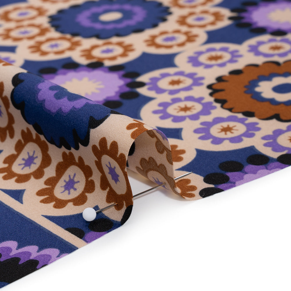Stretch Polyester Crepe de Chine Print - Dark Blue, Purple and Brown Flower Medallions and Stripes - Designer Deadstock - Detail