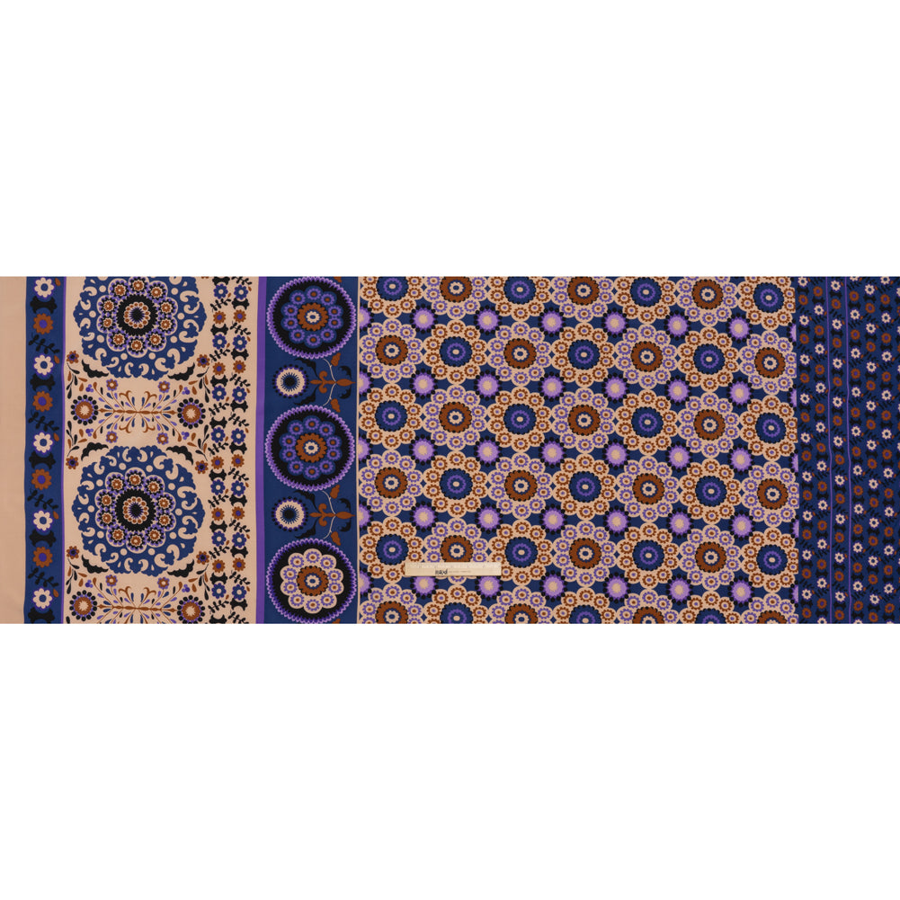 Stretch Polyester Crepe de Chine Print - Dark Blue, Purple and Brown Flower Medallions and Stripes - Designer Deadstock - Full