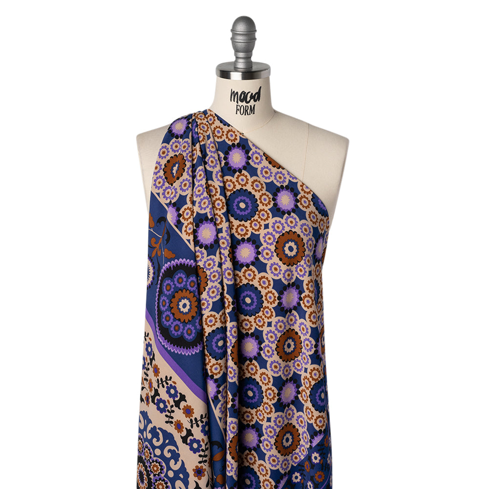 Stretch Polyester Crepe de Chine Print - Dark Blue, Purple and Brown Flower Medallions and Stripes - Designer Deadstock - Drape