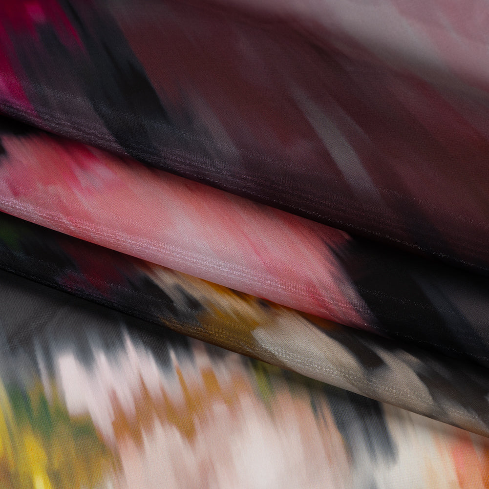 Shimmering Polyester Organza Print - Black, Red and Yellow Ikat Florals - Designer Deadstock - Folded