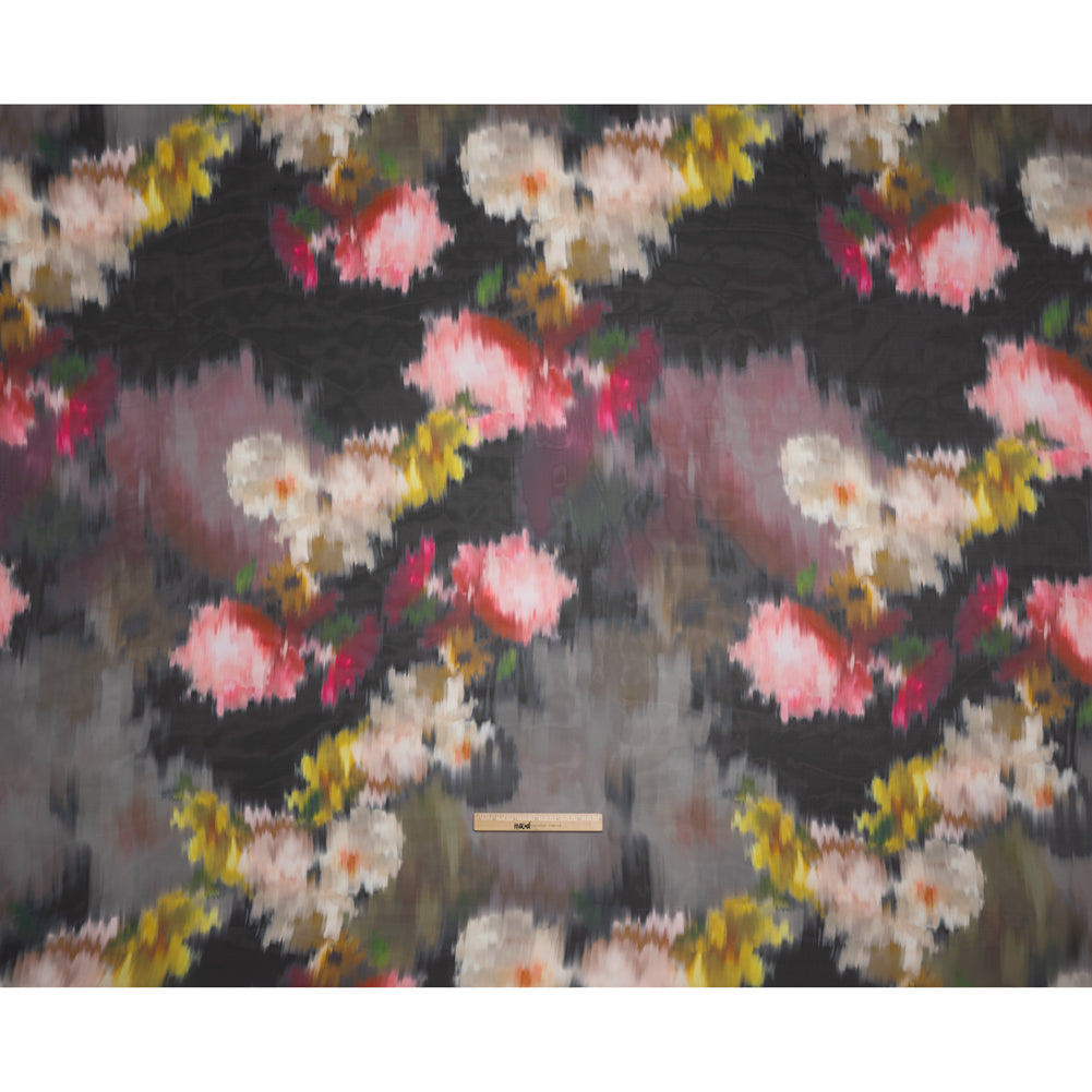 Shimmering Polyester Organza Print - Black, Red and Yellow Ikat Florals - Designer Deadstock - Full