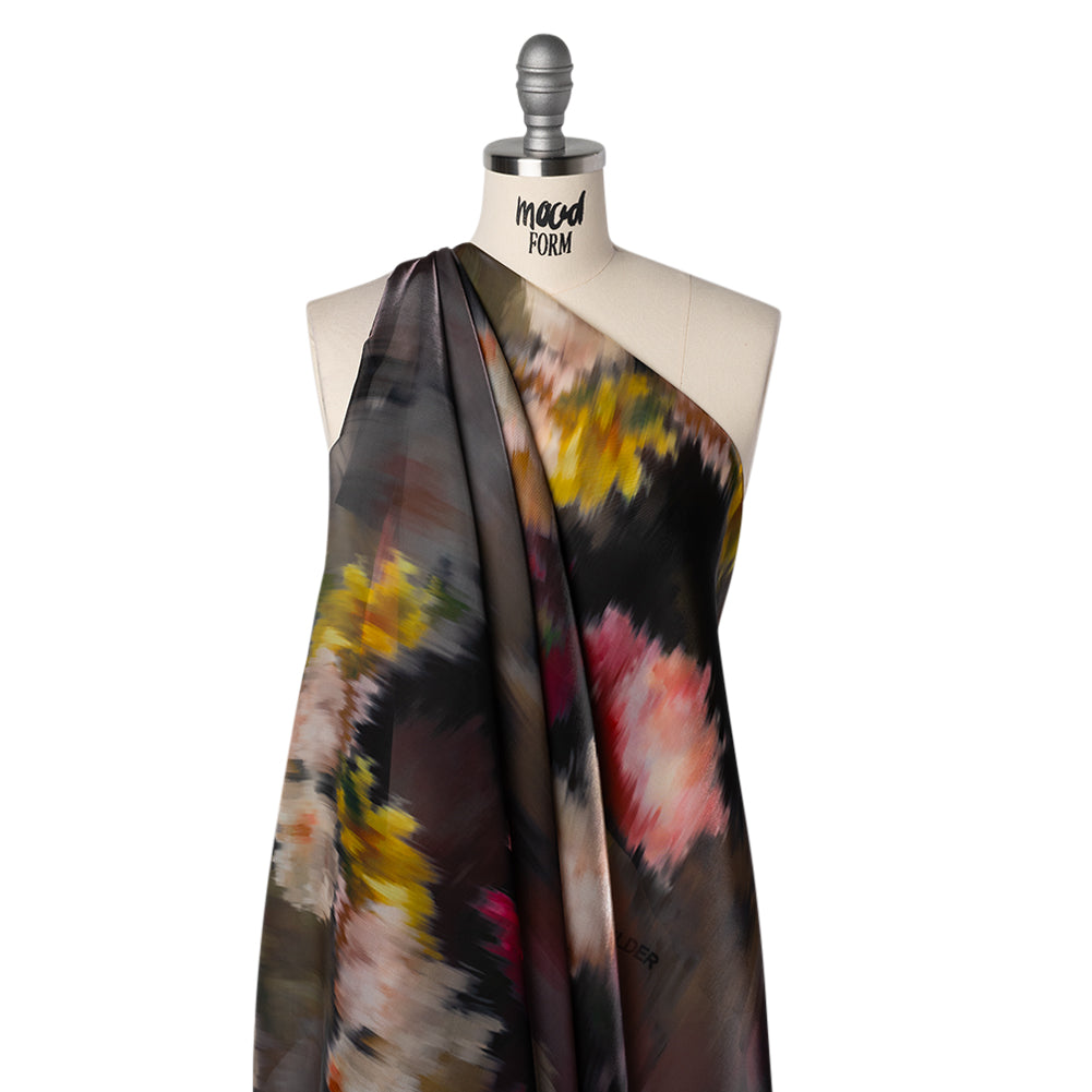 Shimmering Polyester Organza Print - Black, Red and Yellow Ikat Florals - Designer Deadstock - Drape