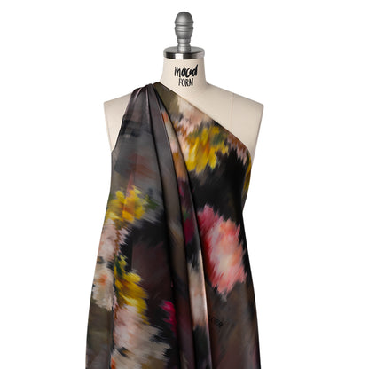 Shimmering Polyester Organza Print - Black, Red and Yellow Ikat Florals - Designer Deadstock