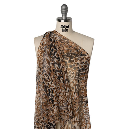 Polyester Stretch Mesh - Brown, Black and Cream Turkey Feathers - Designer Deadstock