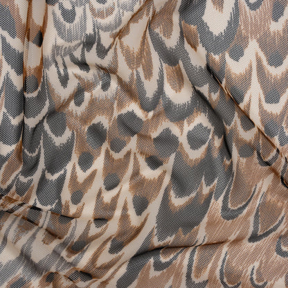 Polyester Stretch Mesh - Brown, Black and Cream Turkey Feathers - Designer Deadstock