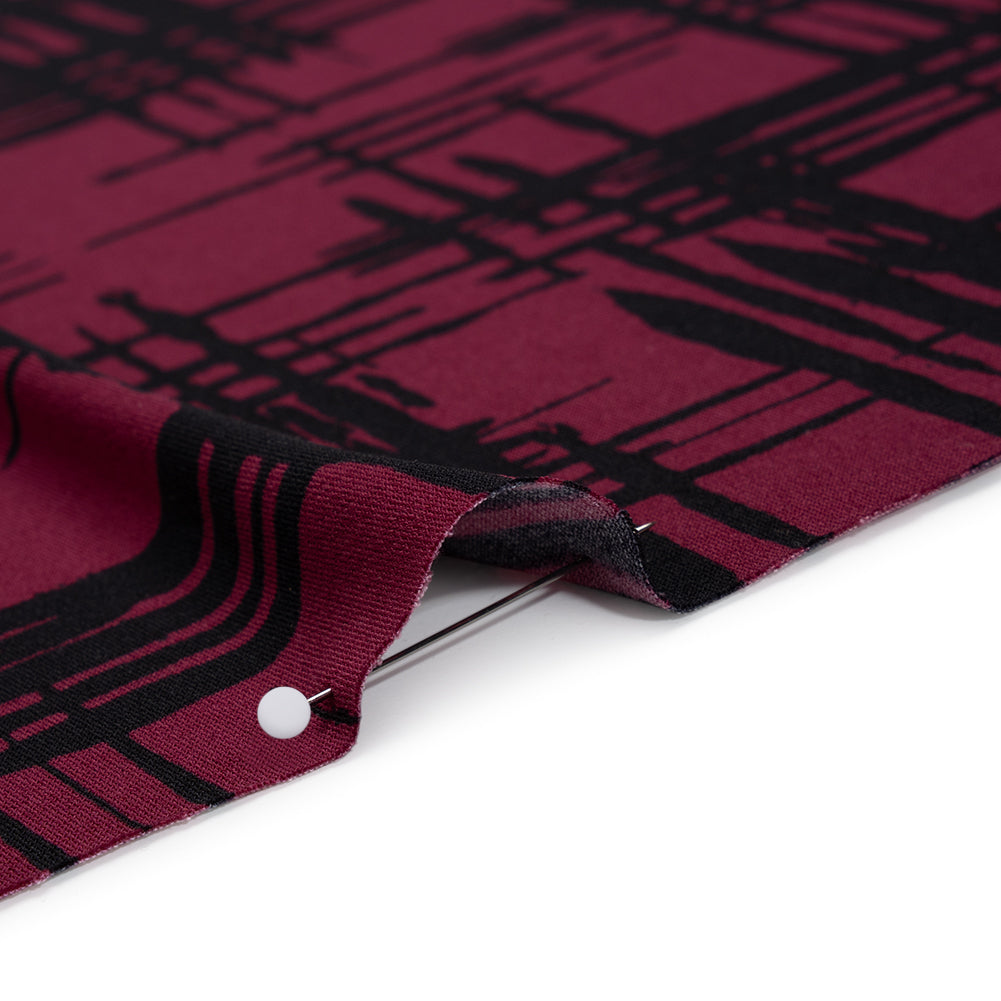 Stretch Polyester Matte Jersey Print - Raspberry and Black Abstract Hatching - Designer Deadstock - Detail