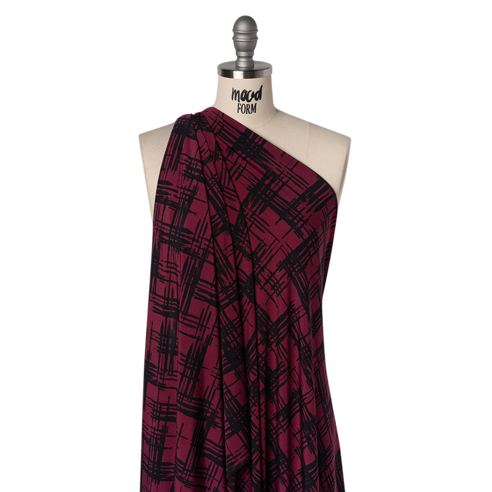 Stretch Polyester Matte Jersey Print - Raspberry and Black Abstract Hatching - Designer Deadstock - Drape
