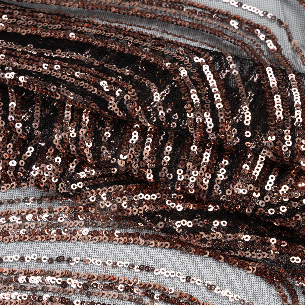 Sequined Polyester Tulle - Rose Gold Art Deco Arches on Black - Designer Deadstock Folded