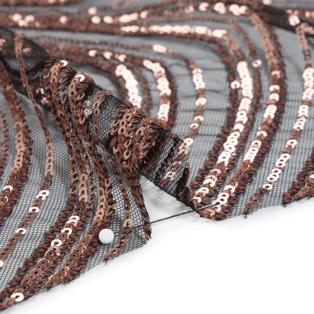 Sequined Polyester Tulle - Rose Gold Art Deco Arches on Black - Designer Deadstock Detail