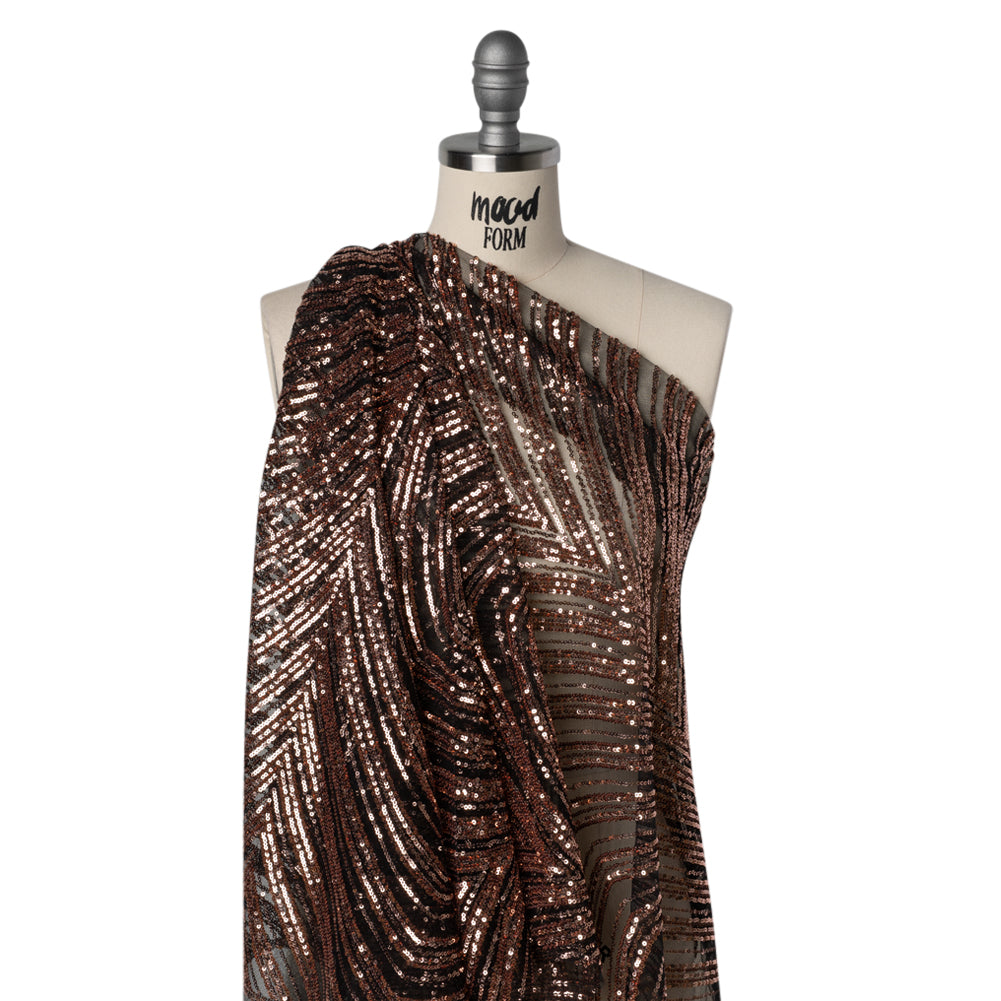 Sequined Polyester Tulle - Rose Gold Art Deco Arches on Black - Designer Deadstock Drape