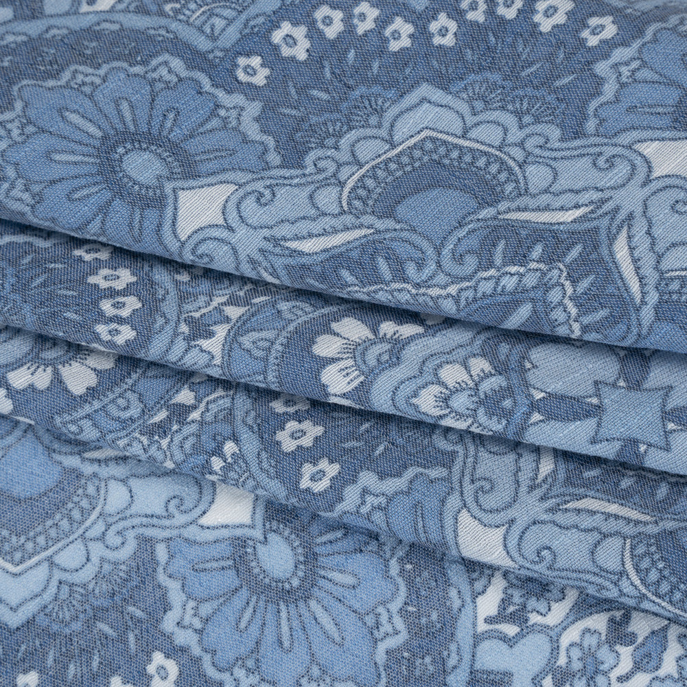 Textured Gauzy Rayon and Polyester Woven Print - Steel Blue, Sky and White Fancy Floral Medallions - Designer Deadstock - Folded