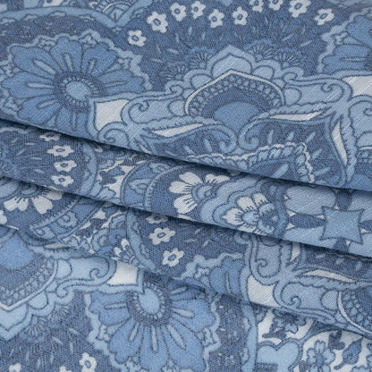 Textured Gauzy Rayon and Polyester Woven Print - Steel Blue, Sky and White Fancy Floral Medallions - Designer Deadstock