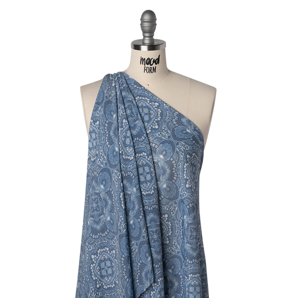 Textured Gauzy Rayon and Polyester Woven Print - Steel Blue, Sky and White Fancy Floral Medallions - Designer Deadstock - Drape