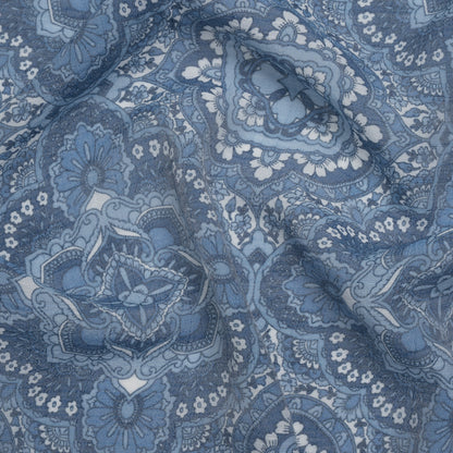 Textured Gauzy Rayon and Polyester Woven Print - Steel Blue, Sky and White Fancy Floral Medallions - Designer Deadstock