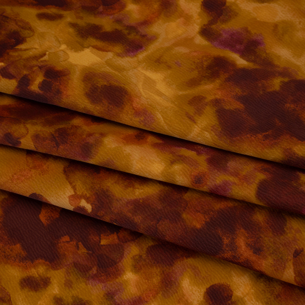 Stretch Polyester Crepe Back Satin - Burgundy and Gold Floral Impressions - Designer Deadstock - Folded
