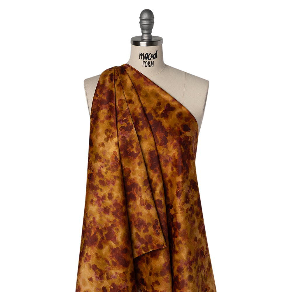 Stretch Polyester Crepe Back Satin - Burgundy and Gold Floral Impressions - Designer Deadstock - Drape