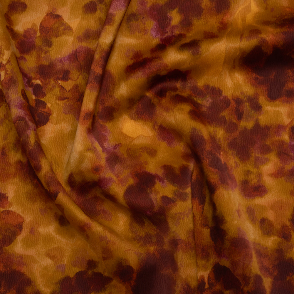 Stretch Polyester Crepe Back Satin - Burgundy and Gold Floral Impressions - Designer Deadstock