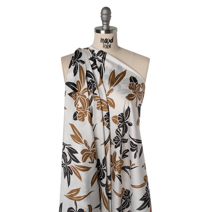 Stretch Polyester Charmeuse Print - White, Black and Brown Daffodils - Designer Deadstock