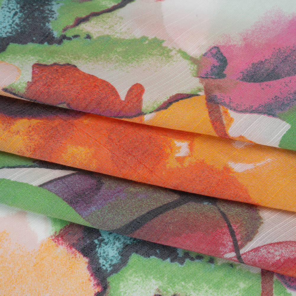 Textured Gauzy Rayon and Polyester Woven Print - Orange, Plum Purple and Grass Green Watercolor Florals - Designer Deadstock - Folded