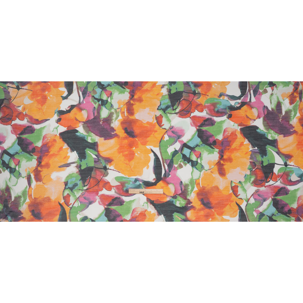 Textured Gauzy Rayon and Polyester Woven Print - Orange, Plum Purple and Grass Green Watercolor Florals - Designer Deadstock - Full