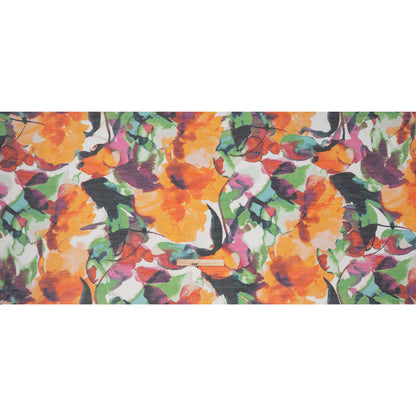 Textured Gauzy Rayon and Polyester Woven Print - Orange, Plum Purple and Grass Green Watercolor Florals - Designer Deadstock