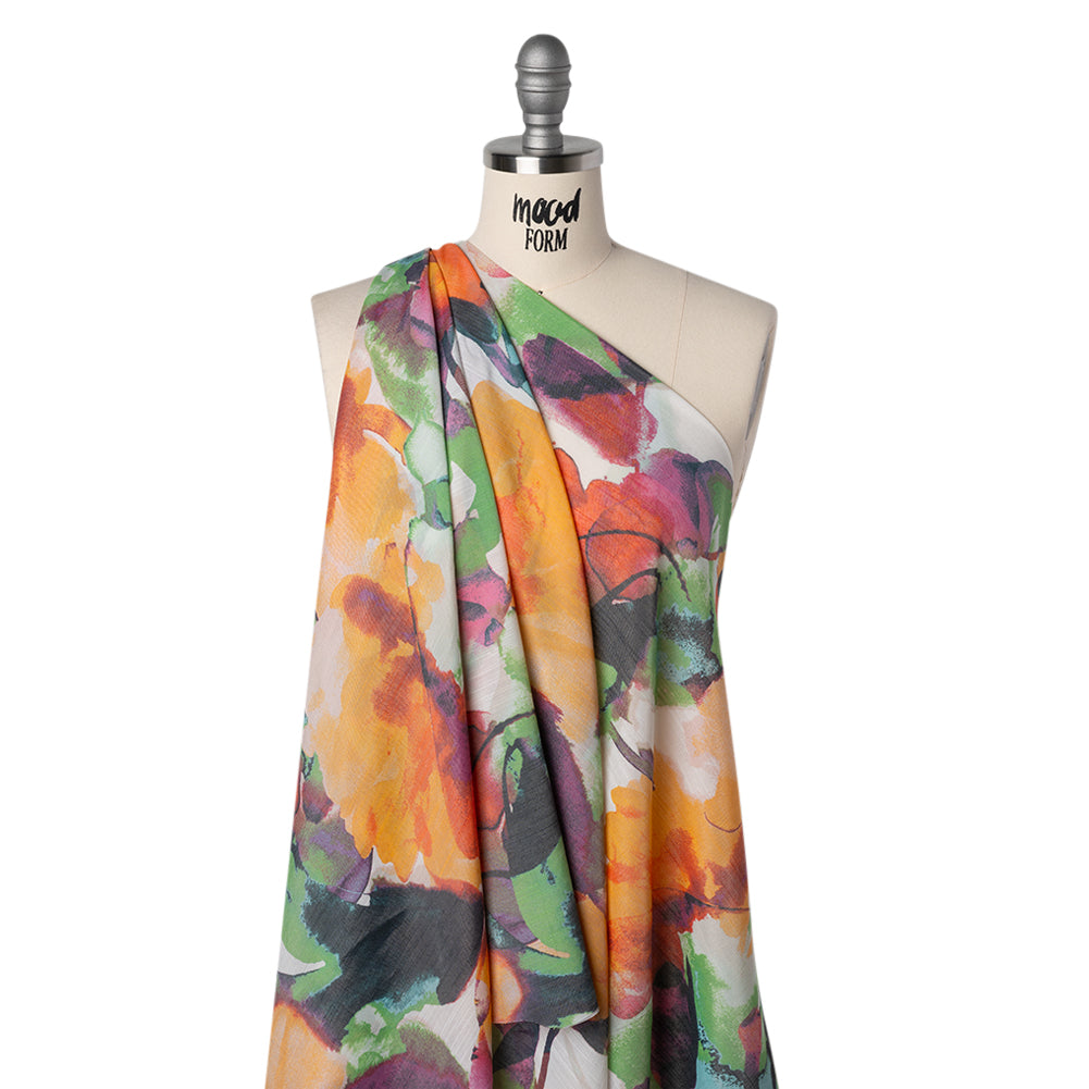 Textured Gauzy Rayon and Polyester Woven Print - Orange, Plum Purple and Grass Green Watercolor Florals - Designer Deadstock - Drape