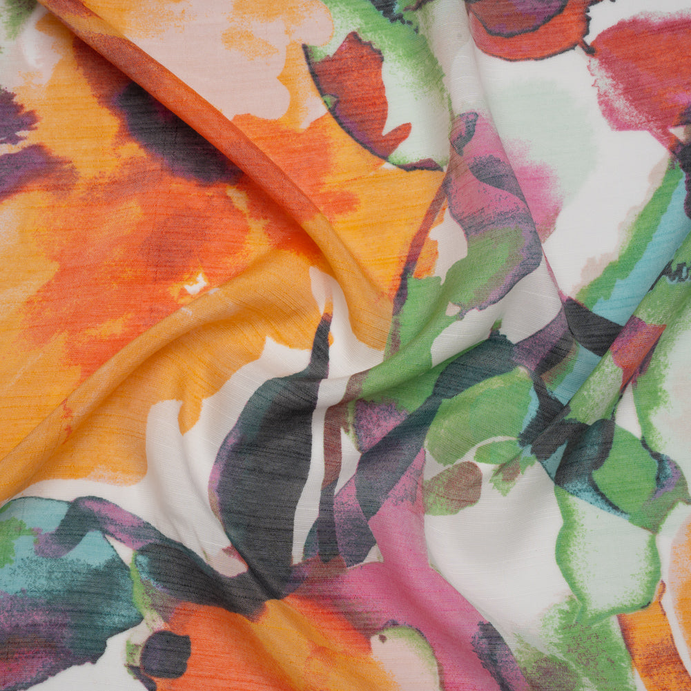 Textured Gauzy Rayon and Polyester Woven Print - Orange, Plum Purple and Grass Green Watercolor Florals - Designer Deadstock