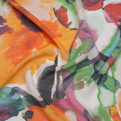 Textured Gauzy Rayon and Polyester Woven Print - Orange, Plum Purple and Grass Green Watercolor Florals - Designer Deadstock