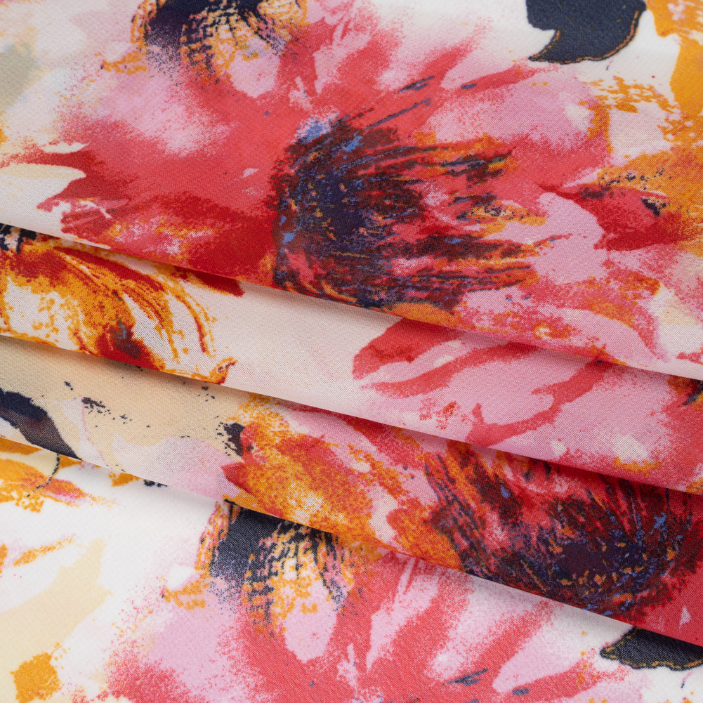 Polyester Chiffon Print - Goldenrod, Pink and Navy Painterly Florals - Designer Deadstock Folded