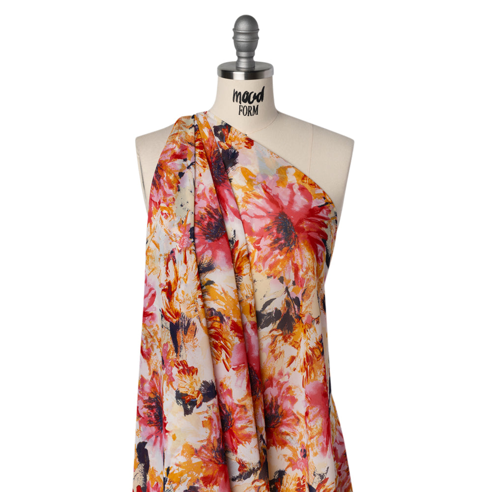 Polyester Chiffon Print - Goldenrod, Pink and Navy Painterly Florals - Designer Deadstock Drape