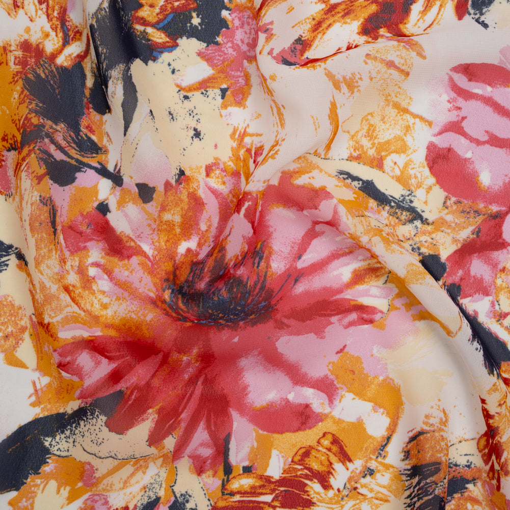 Polyester Chiffon Print - Goldenrod, Pink and Navy Painterly Florals - Designer Deadstock
