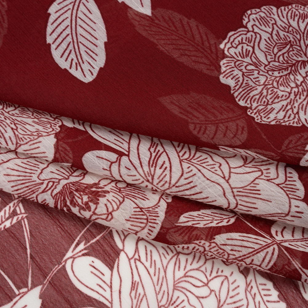 Crinkled Polyester Chiffon Print - Burgundy and White Floral - Designer Deadstock - Folded