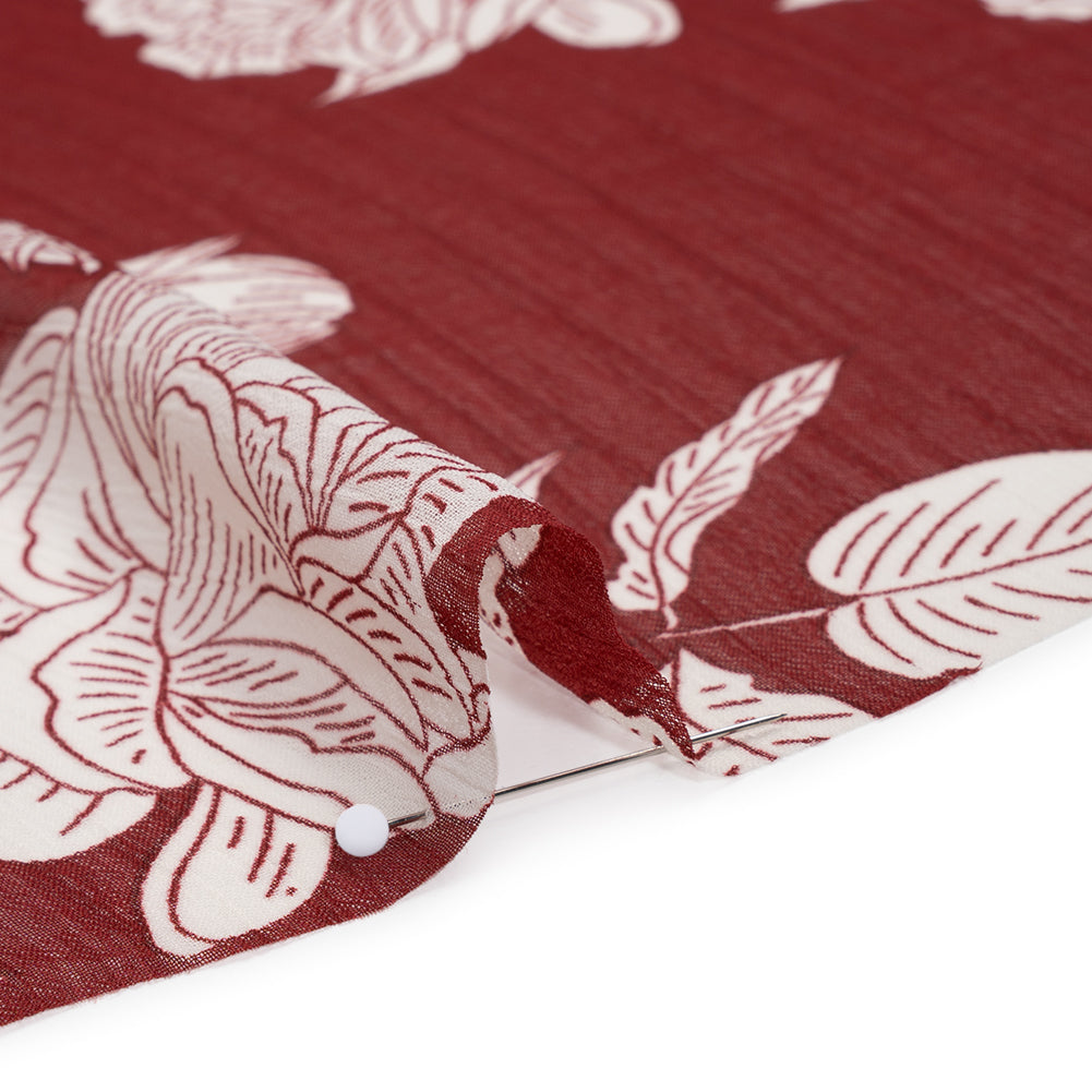 Crinkled Polyester Chiffon Print - Burgundy and White Floral - Designer Deadstock - Detail