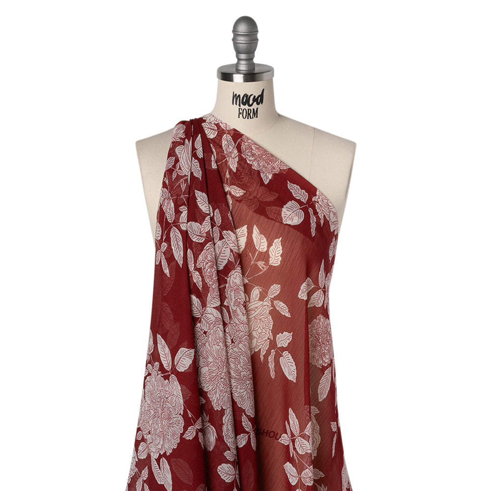 Crinkled Polyester Chiffon Print - Burgundy and White Floral - Designer Deadstock - Drape