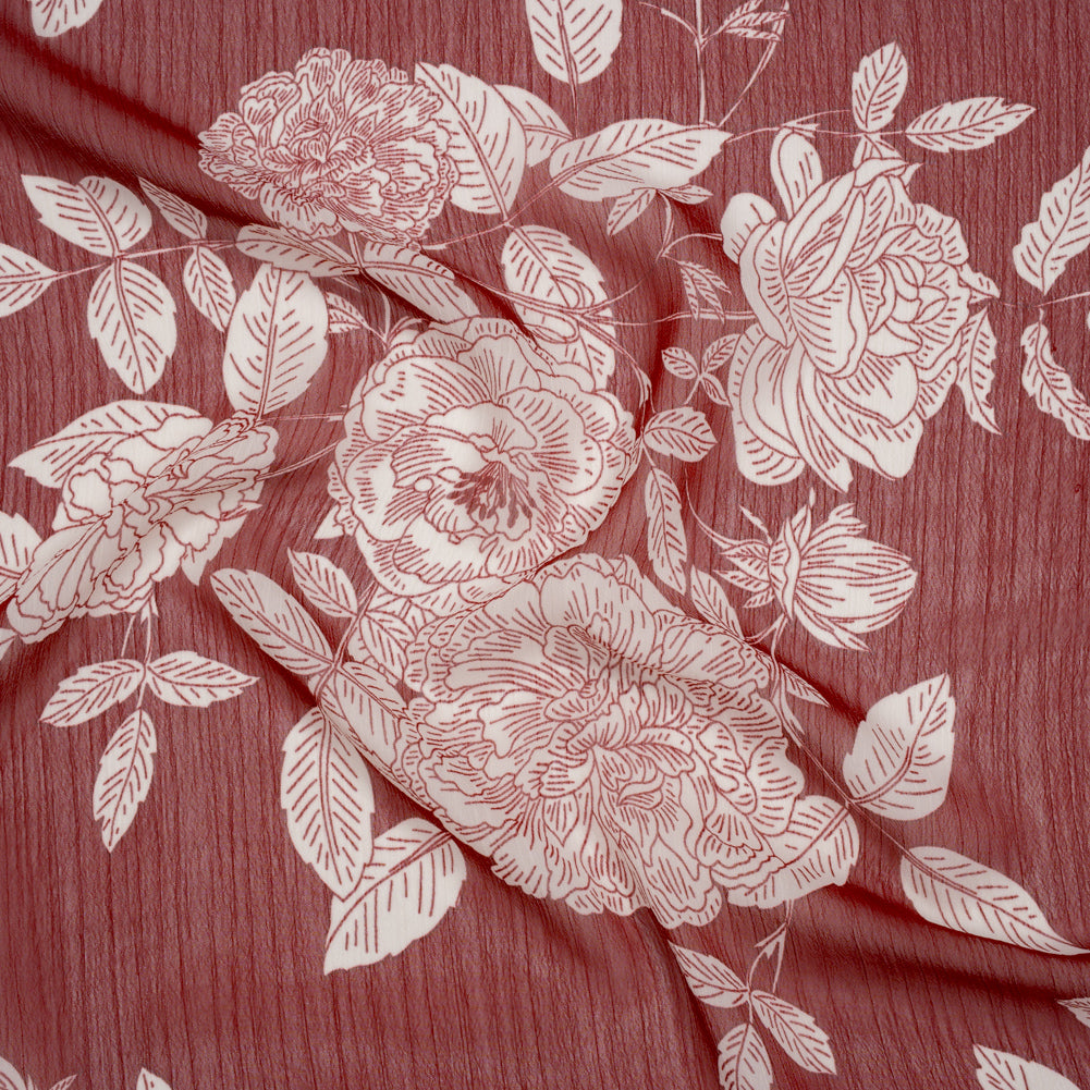 Crinkled Polyester Chiffon Print - Burgundy and White Floral - Designer Deadstock
