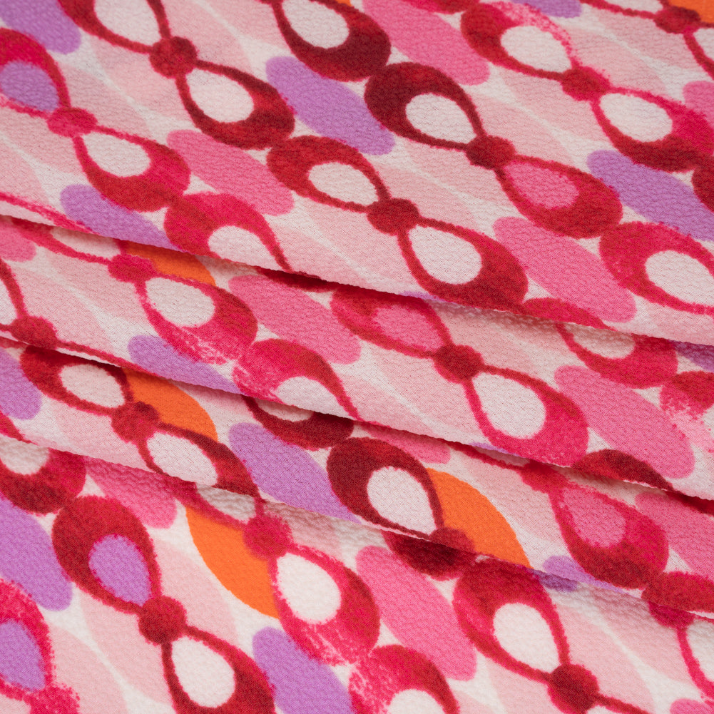 Stretch Puckered Polyester Crepe - Bubblegum Pink, Lavender and Magenta Rows of Bows and Floral Stripe Border - Designer Deadstock - Folded