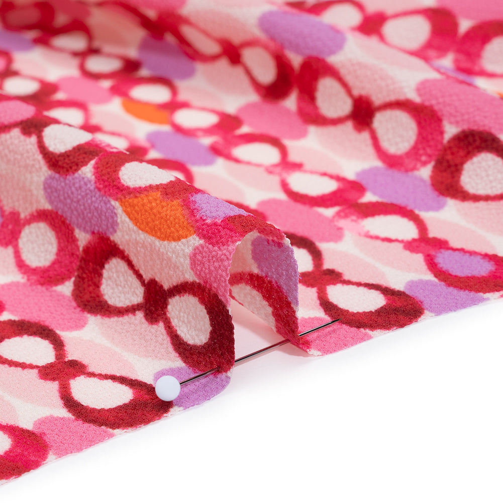 Stretch Puckered Polyester Crepe - Bubblegum Pink, Lavender and Magenta Rows of Bows and Floral Stripe Border - Designer Deadstock - Detail