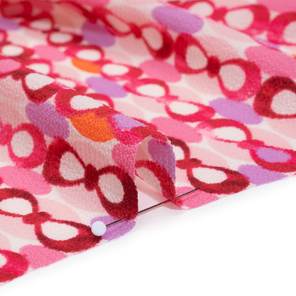 Stretch Puckered Polyester Crepe - Bubblegum Pink, Lavender and Magenta Rows of Bows and Floral Stripe Border - Designer Deadstock