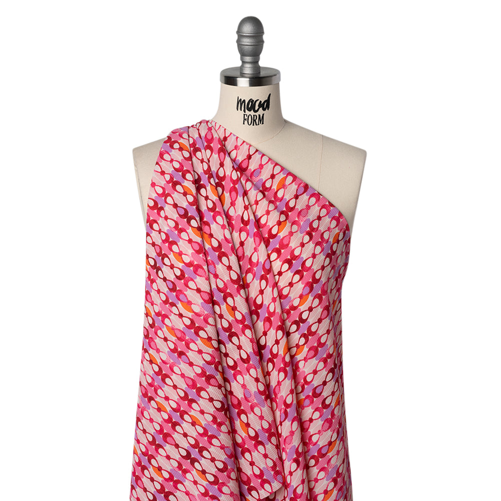 Stretch Puckered Polyester Crepe - Bubblegum Pink, Lavender and Magenta Rows of Bows and Floral Stripe Border - Designer Deadstock - Drape